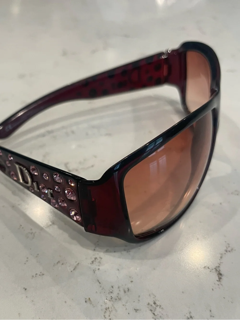 Dior Women’s Sunglasses in Burgundy with Pink-Tinted Lenses and Crystal Temples